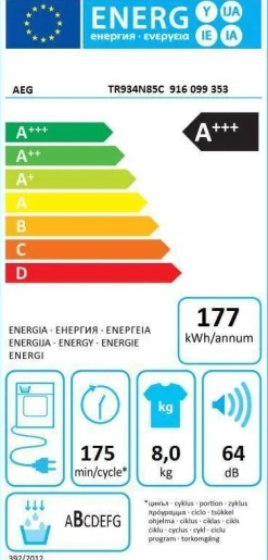 kuivausrumpu TR934N85C 8 kg*Aeg Outlet